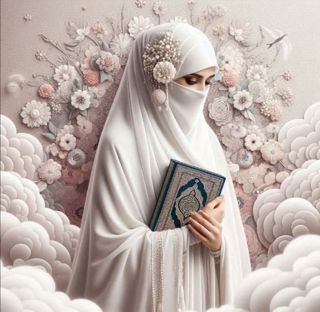 فتاة متدينة محجبة تحمل مصحفا في يدها وحولها أزهار جميلة