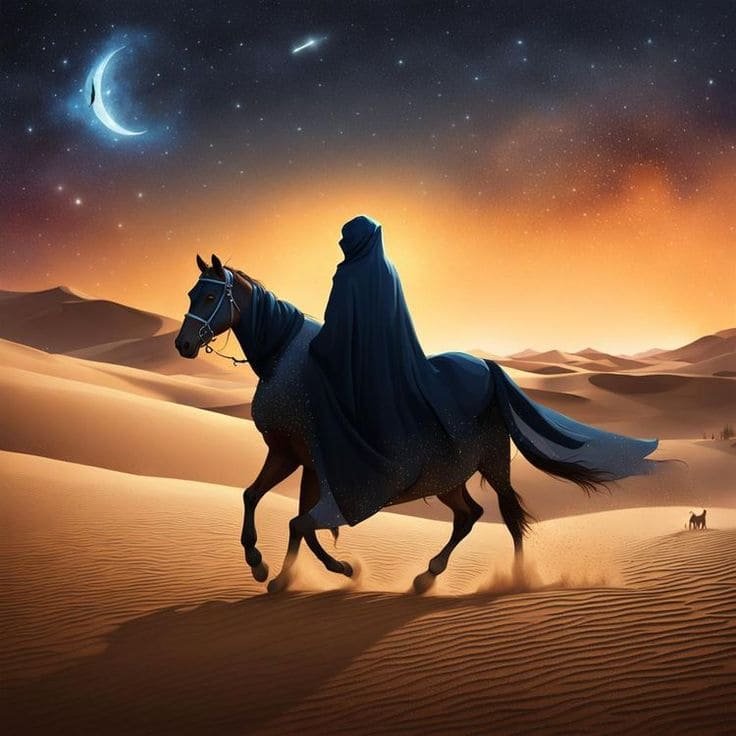 فارسة عربية ملثمة تركب فرسها في الليل والقمر هلال