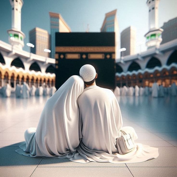زوج وزوجة أمام الكعبة يجلسان بجوار بعضهما في مودة ورحمة