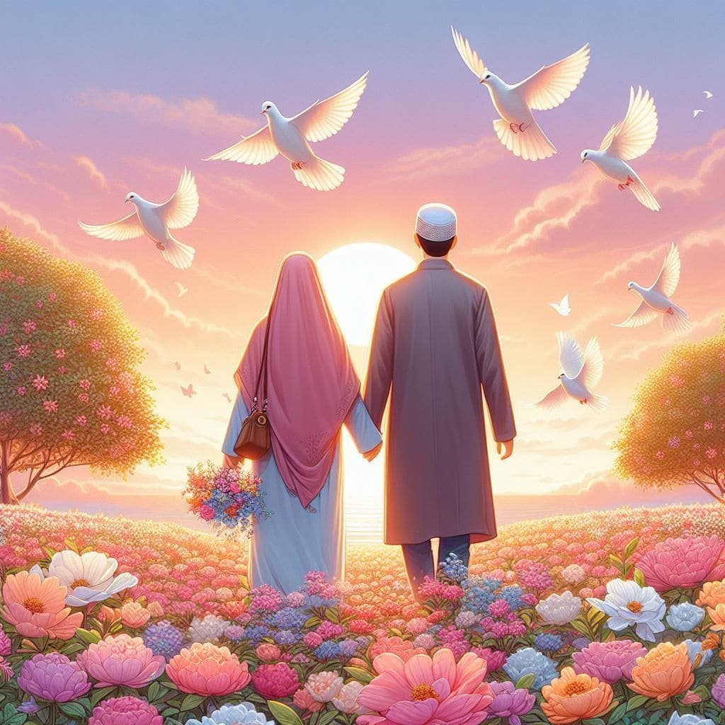 زوج وزوجة يمشيان بين الورود والأزهار وحولهما طيور ترفرف في منظر جمالي يملؤه الود والرحمة